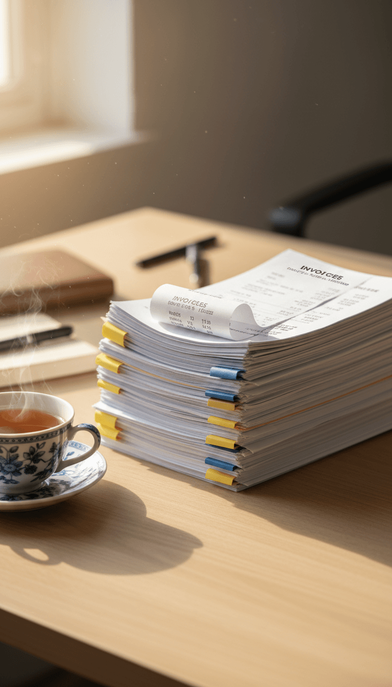 Expense receipts and invoices being sorted for accurate tracking