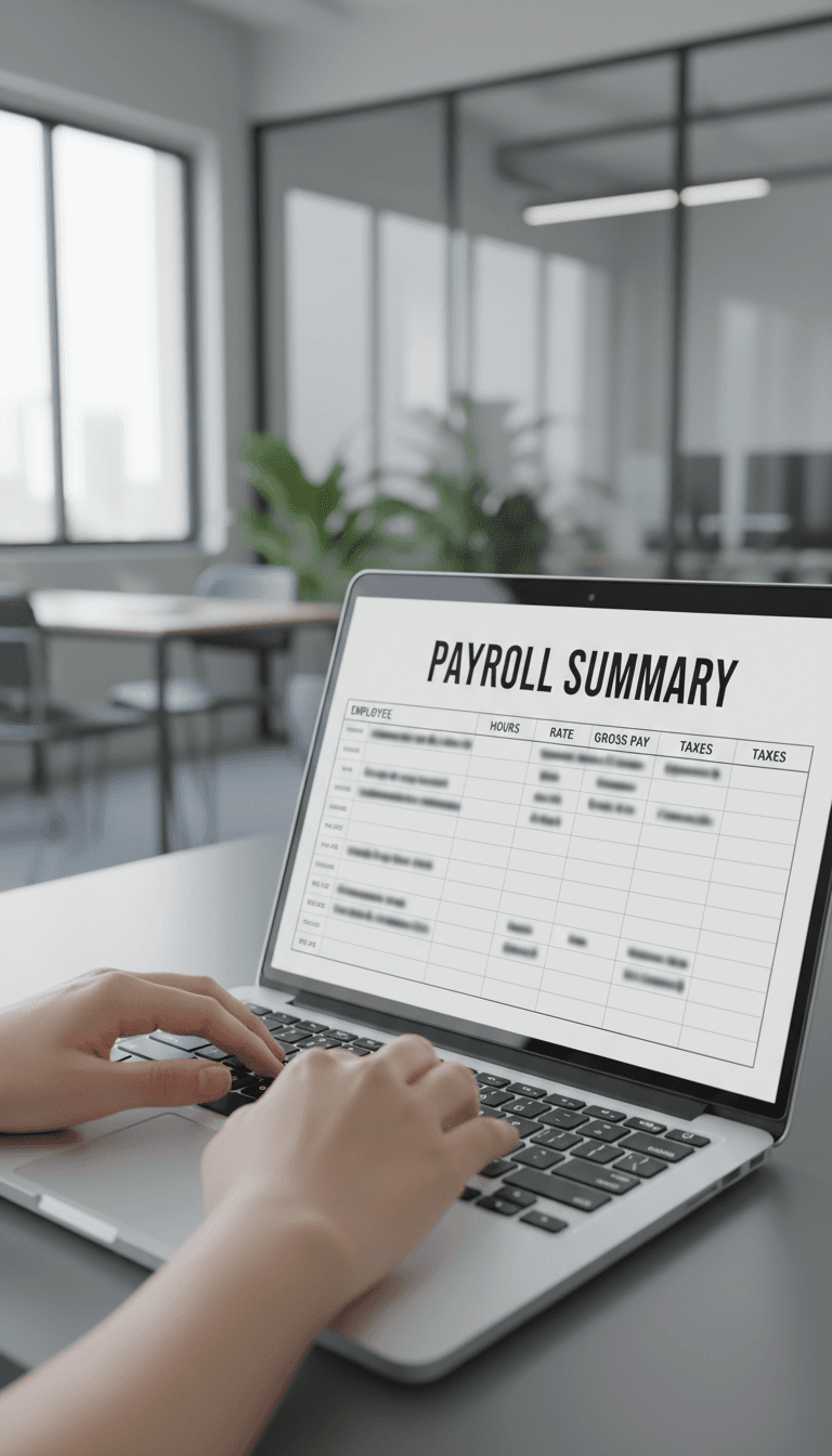 Payroll processing details displayed on a computer screen in a Toronto office