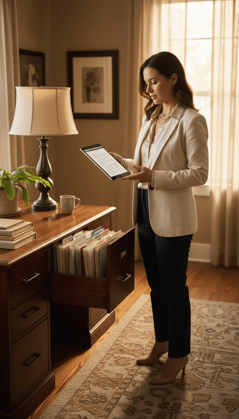 Samuel reviewing client files in a Toronto home office setting