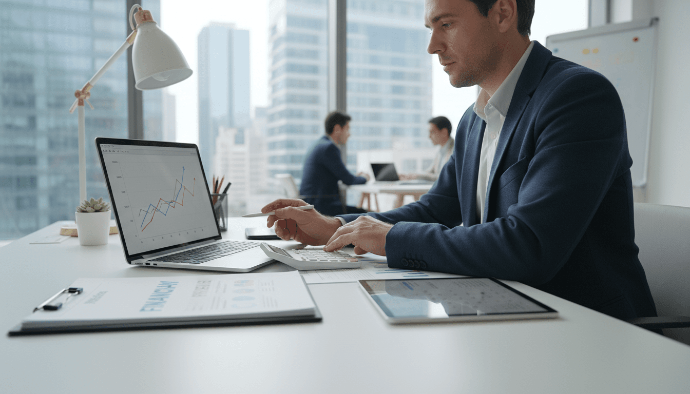 Accountant reviewing financial records at a desk with laptop and calculator in Toronto office
