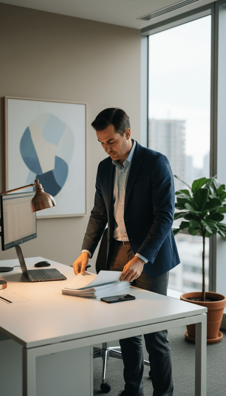Samuel organizing financial records at a desktop in a Toronto office