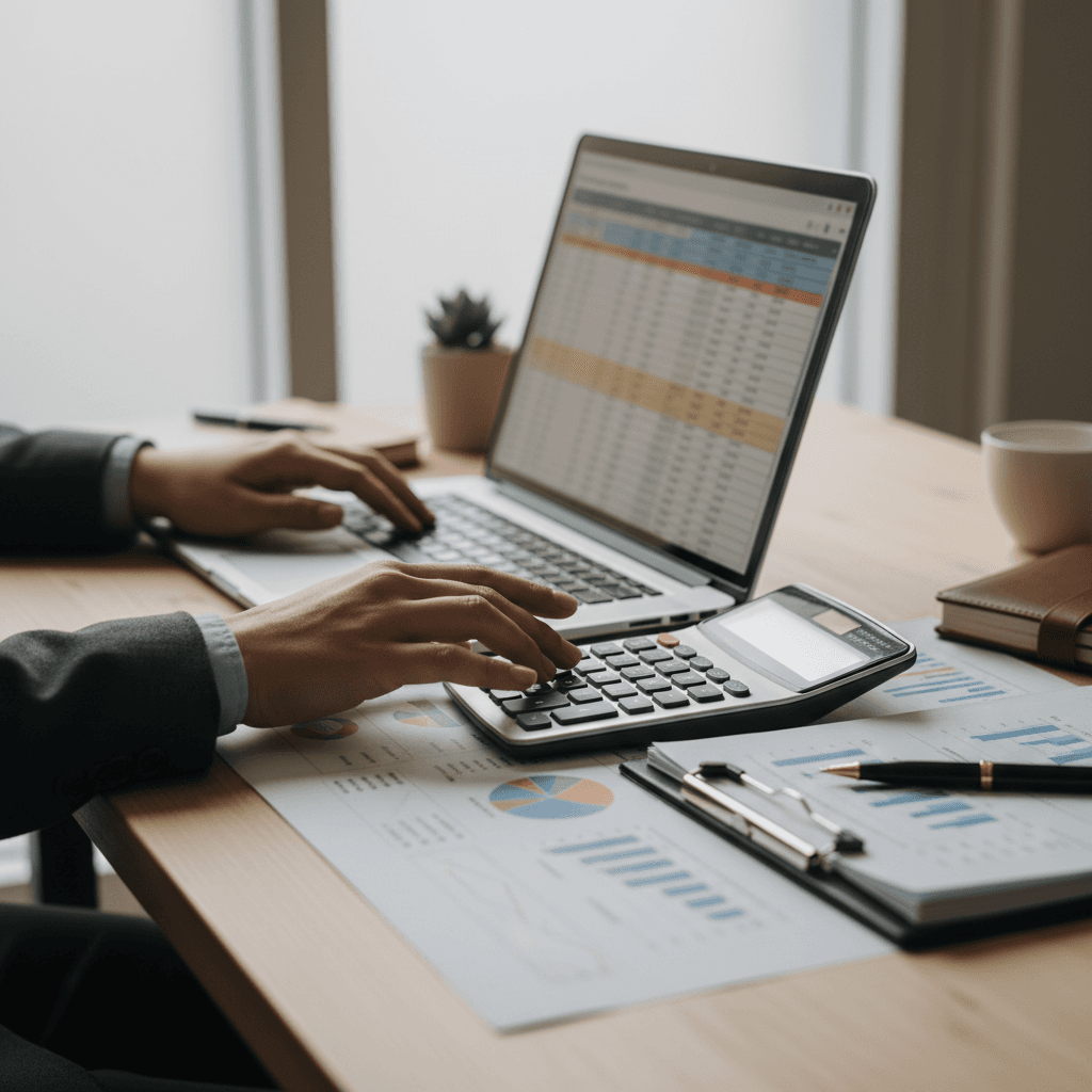 Professional bookkeeper working at a desk with a calculator and financial documents in a bright, modern office