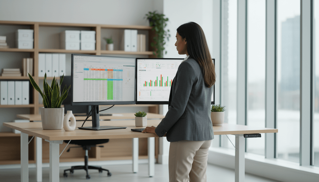Professional bookkeeper at desk with financial documents in a modern office